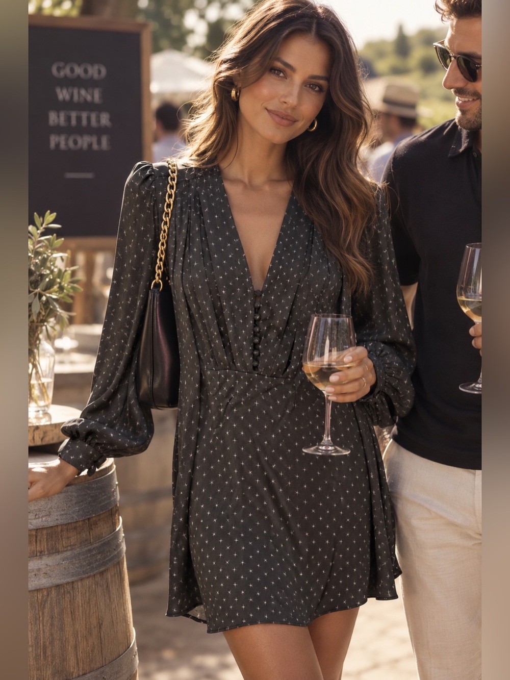 Equipment 100% Silk Black Star-Print V-Neck Long-Sleeve Dress